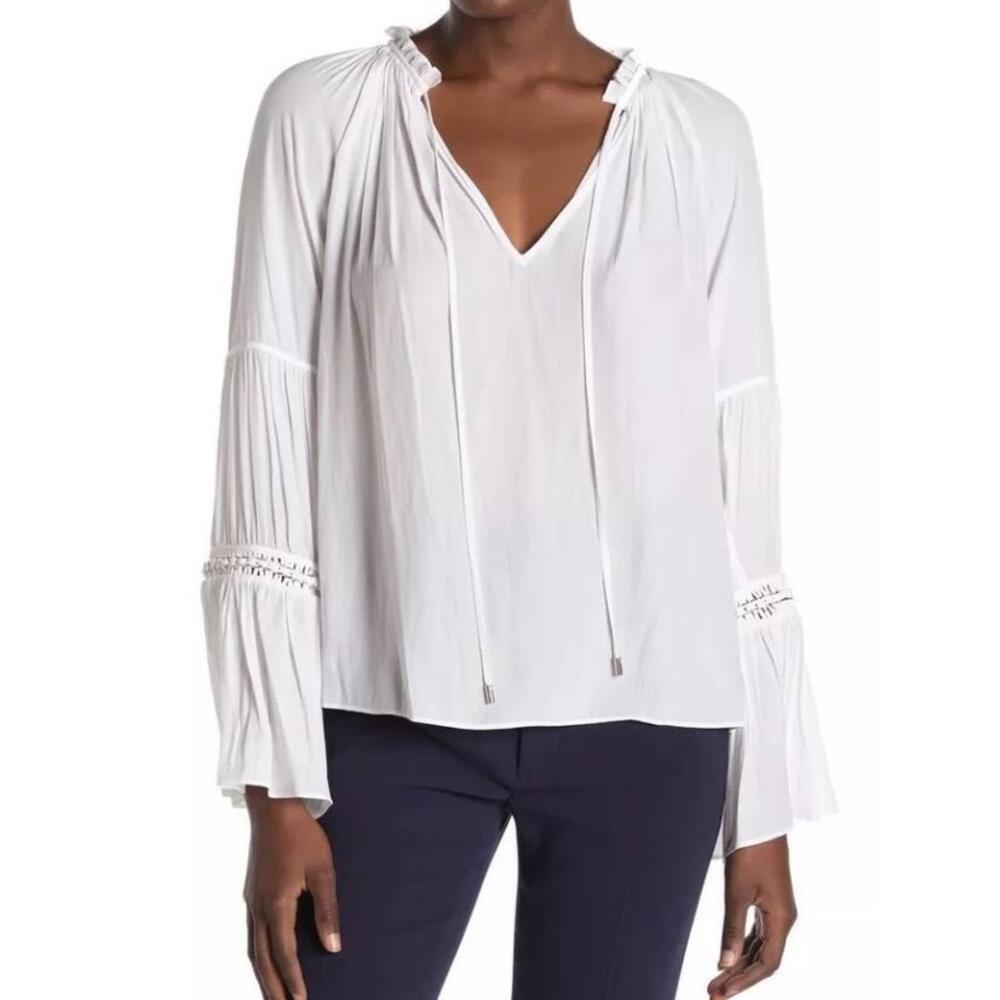 Ramy Brook Women’s White Long Sleeve Blouse Top w Silver Chain Detail Size XS